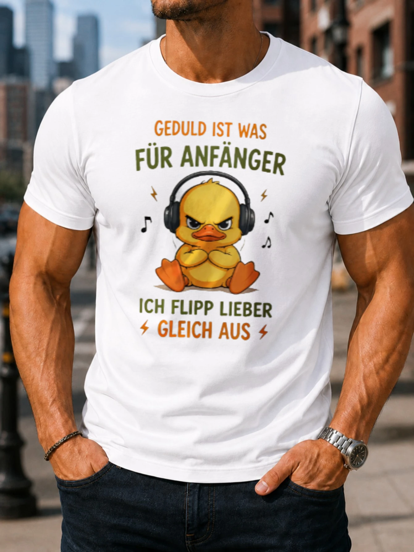 Фото Футболка унисекс с принтом «Geduld Ist Was Fur Anfanger Duck Graphic Angry Chick Music Notes German Temper Humor» №1