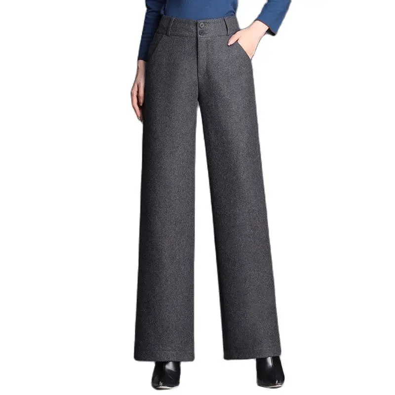 Women's Woolen Pants For Autumn Winter Wool Thicken Pure Color  Warm Gray Black Business Office Suit Trousers 6XL Brand