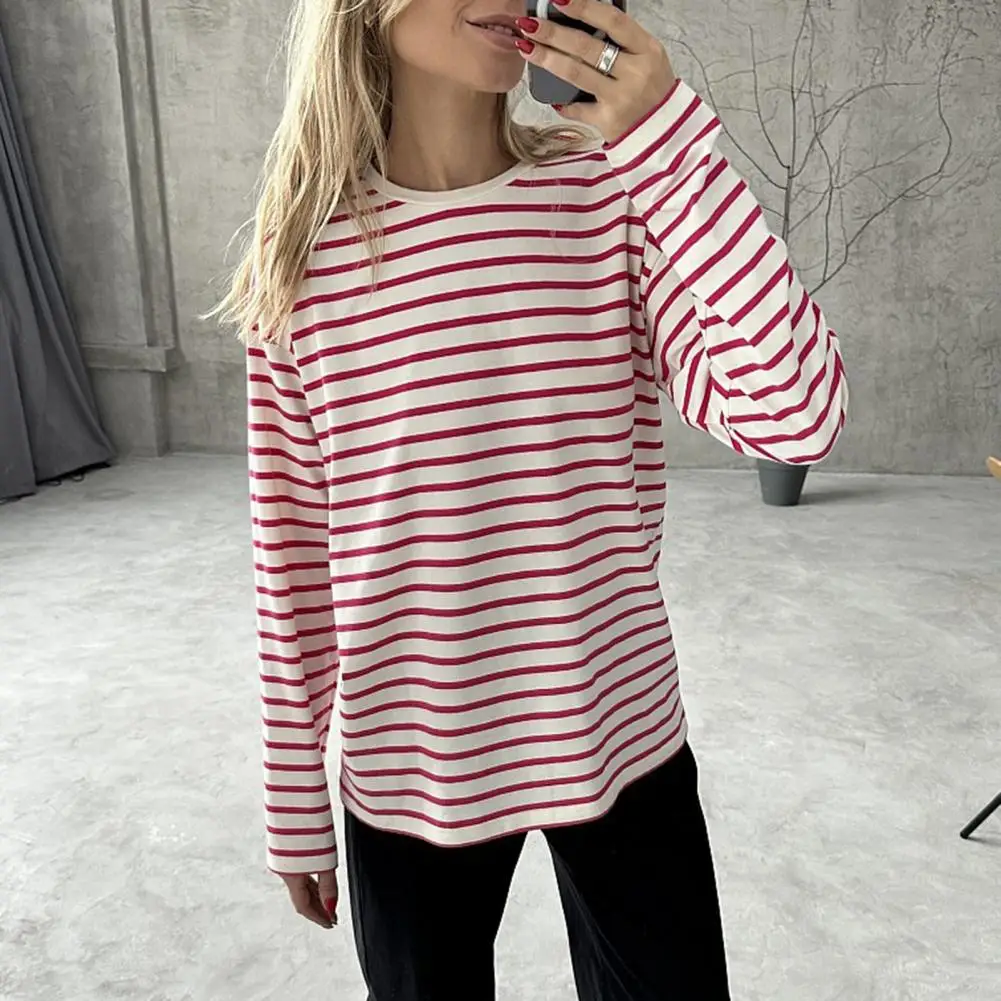 

Comfortable Long Sleeve T-shirt Striped Print Women's Casual Tee Loose Fit O-neck Long Sleeve Top for Spring Autumn Streetwear