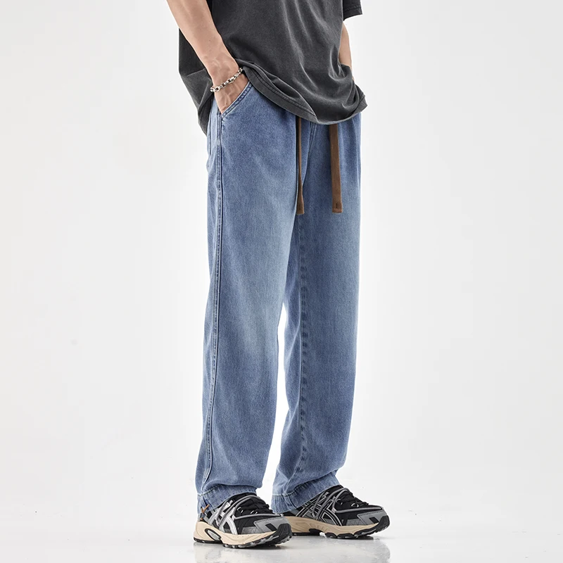 Летние тонкие джинсы для мужчин, одежда Icecool, модные джинсовые брюки свободного кроя, оверсайз, повседневная одежда, брюки с эластичным поясом на завязках