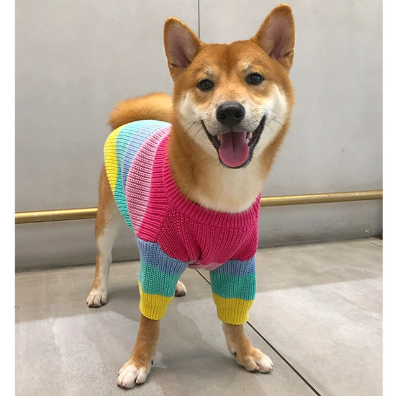 

Shiba Inu Dog Rainbow Sweater Autumn and Winter Thickening Schnauzer Samoyed Bichon Clothes for Large Medium Dog