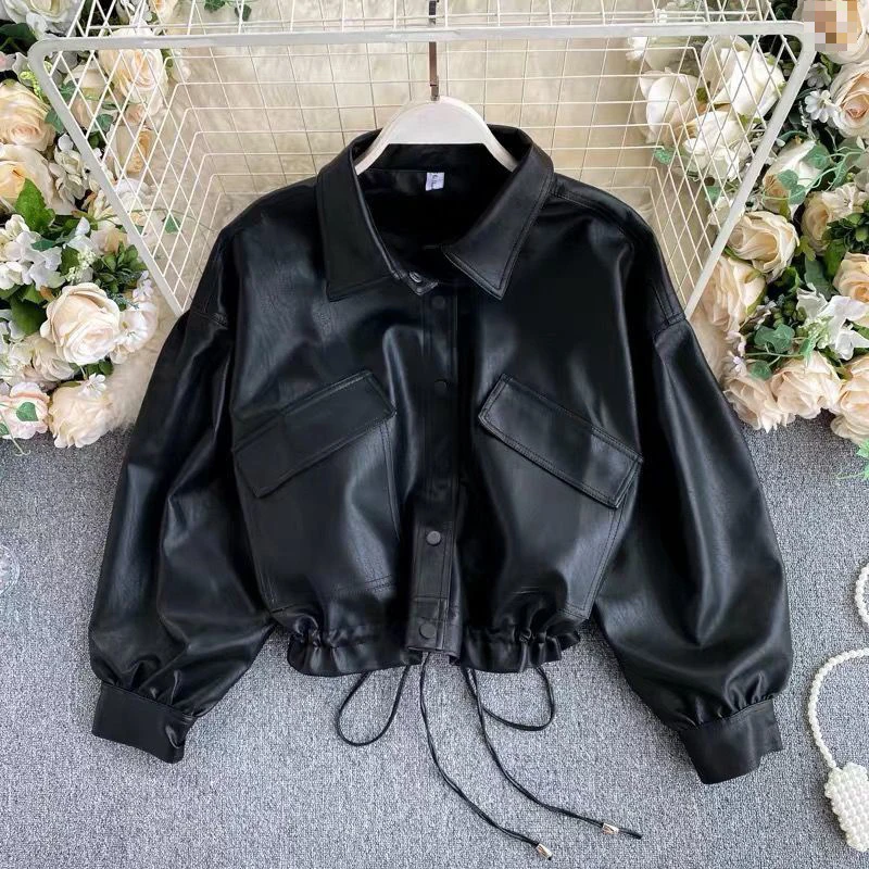 Enlarge 2022 Autumn Fashion European and American PU Casual Leather Jacket Women's Jacket Loose Long-sleeved Women's Leather Jacket