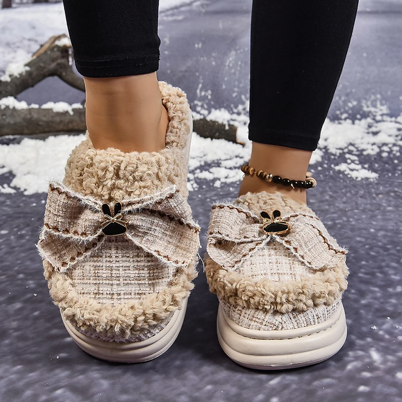 Модные плюшевые домашние тапочки для женщин с узлом-бабочкой теплая