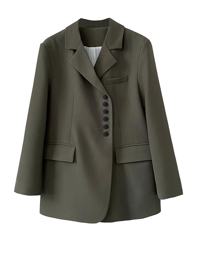 [EAM]  Women Green Irregular Button Elegant Blazer New Lapel Long Sleeve Loose Fit Jacket Fashion Spring Autumn 2023 1DF0397 images - 6