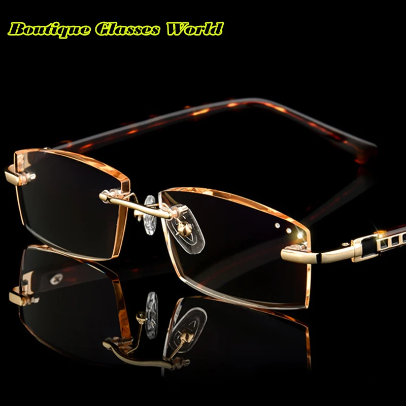 

2022 Korea Luxury Designer Rimless Diamond Cutting Frame Square Reading Glasses For Men Women Presbyopia Anti-blue Light Glasses