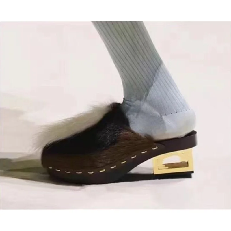 Осенние модные женские тапочки цветной контраст/мех норки/Сращивание/полый