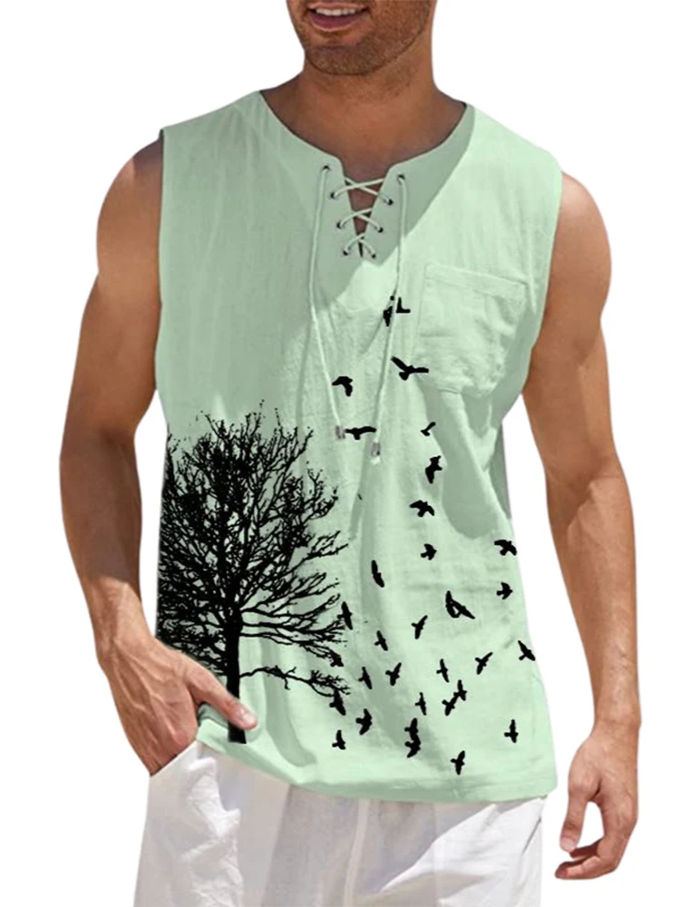 

Vintage Pattern Print Cotton Linen Tops Vest Men Summer Casual Drawstring Tie-up Tank Top Mens Clothing Fashion Sleeveless Shirt