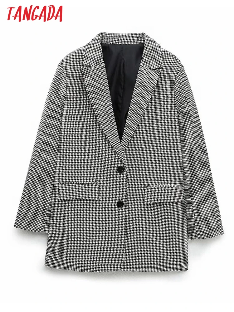 

Tangada Women Plaid Blazer Coat Vintage Long Sleeve Female Outerwear Chic Tops 6P103