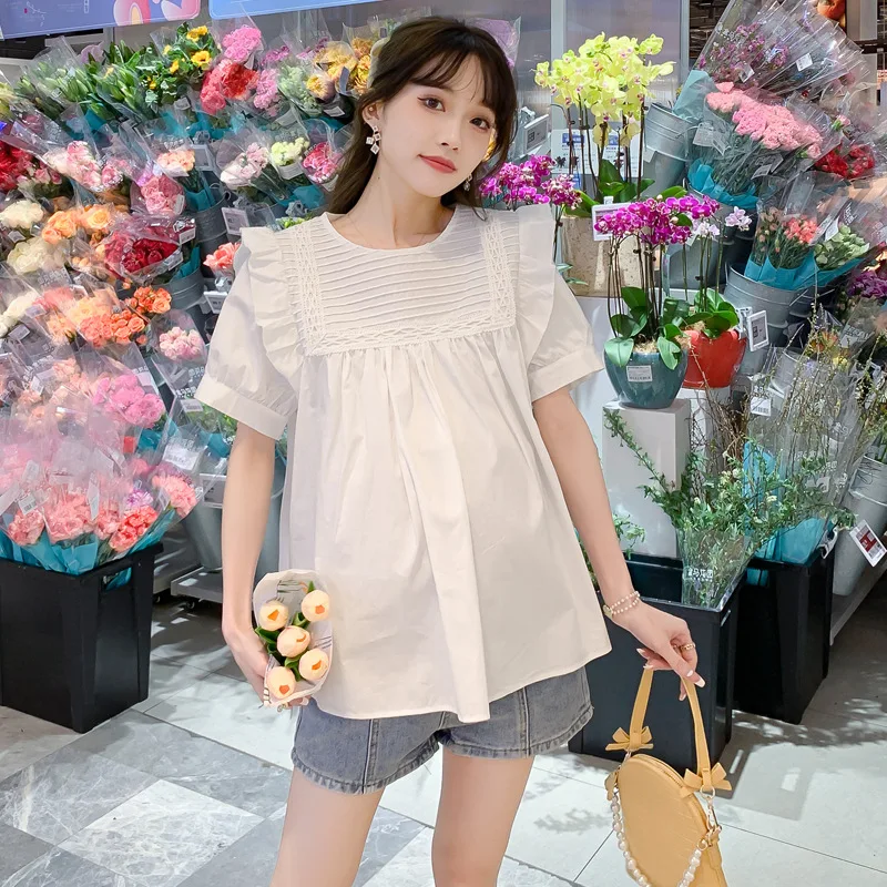 

Pregnant women summer suit folded fungus edge loose top baby shirt belly support shorts two-piece set