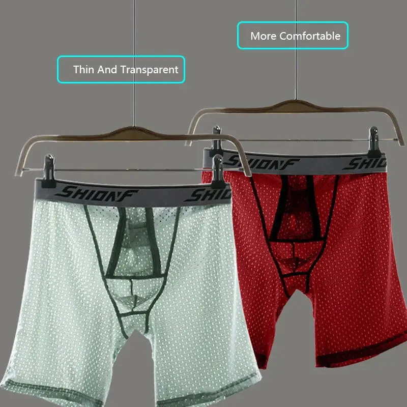 Men Ice Silk Breathable Long Boxers Cuecas Homme Health Care Pouch Underpants Sexy Penis Pouch Boxer Shorts Mesh Underwear