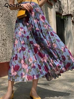 qooth spring summer floral print a line skirt women high waist elegant casual all match mid length skirt qt1668