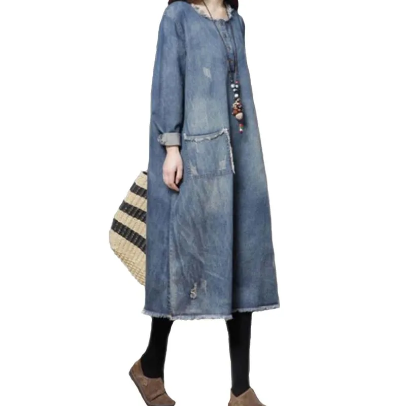 

Spring and Autumn Women's Plus Size Denim Dress Denim Dresses Loose Crew Neck Casual Polished White Midi Dress FC2061