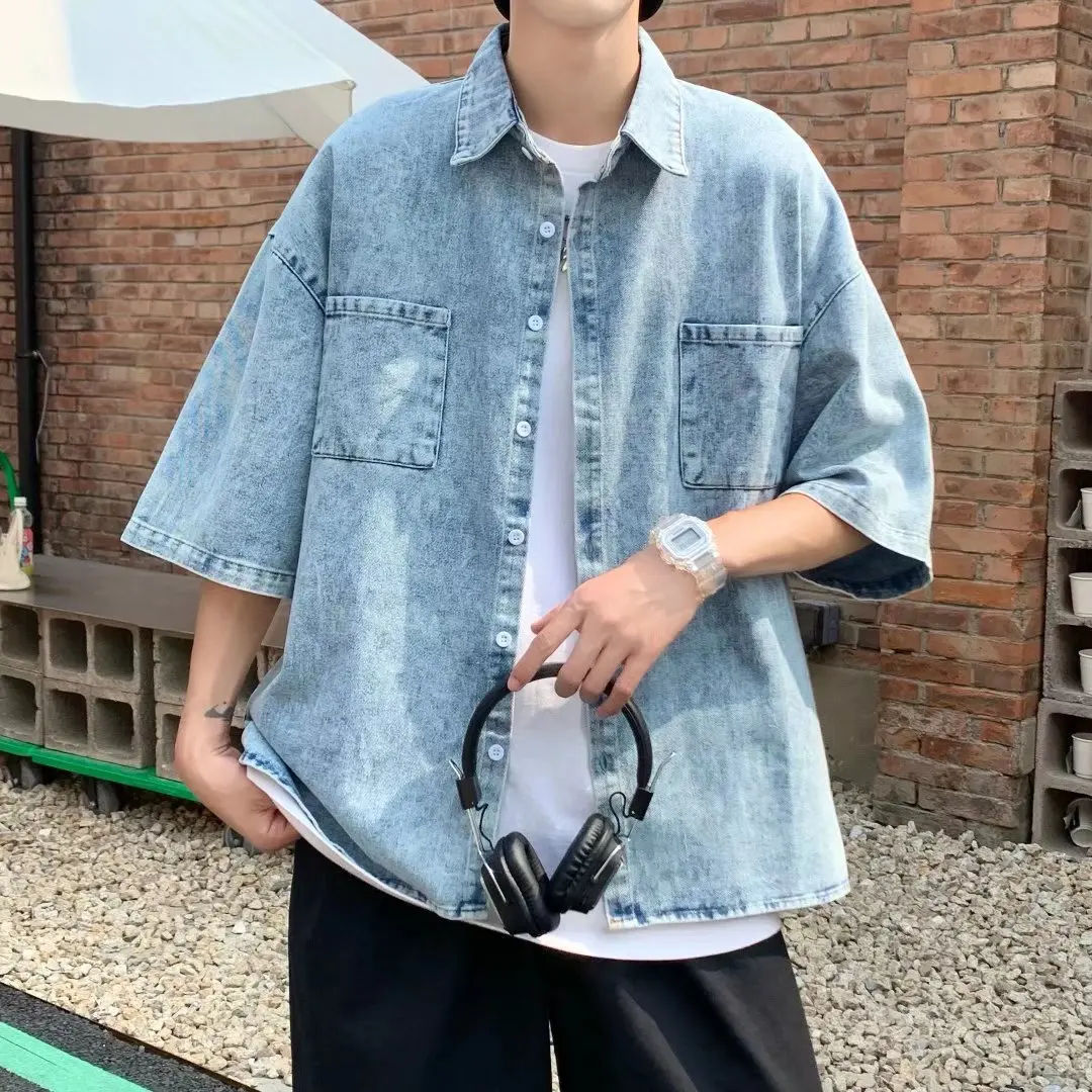 Summer Shirt Short Sleeve Denim For Men Streetwear Oversized Simple Casual Fashion Y2K Pocket Cotton Lapel Jeans Top Clothing