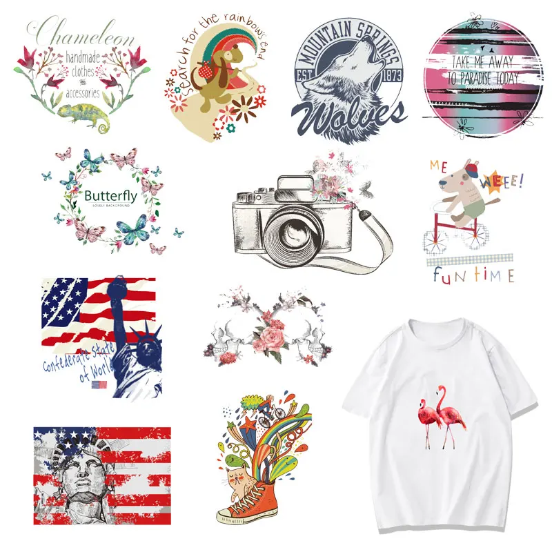 

DIY T-shirt Dress Appliques Letter Flower Heat Transfer Washable Stickers Stripes on Clothes Banner Iron on Patches for Clothing