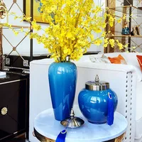 Blue Gold Interior Ceramic Vase Decoration Home Tall Vintage Vase for Dried Flowers Design Vasos Decorativos Table Decoration