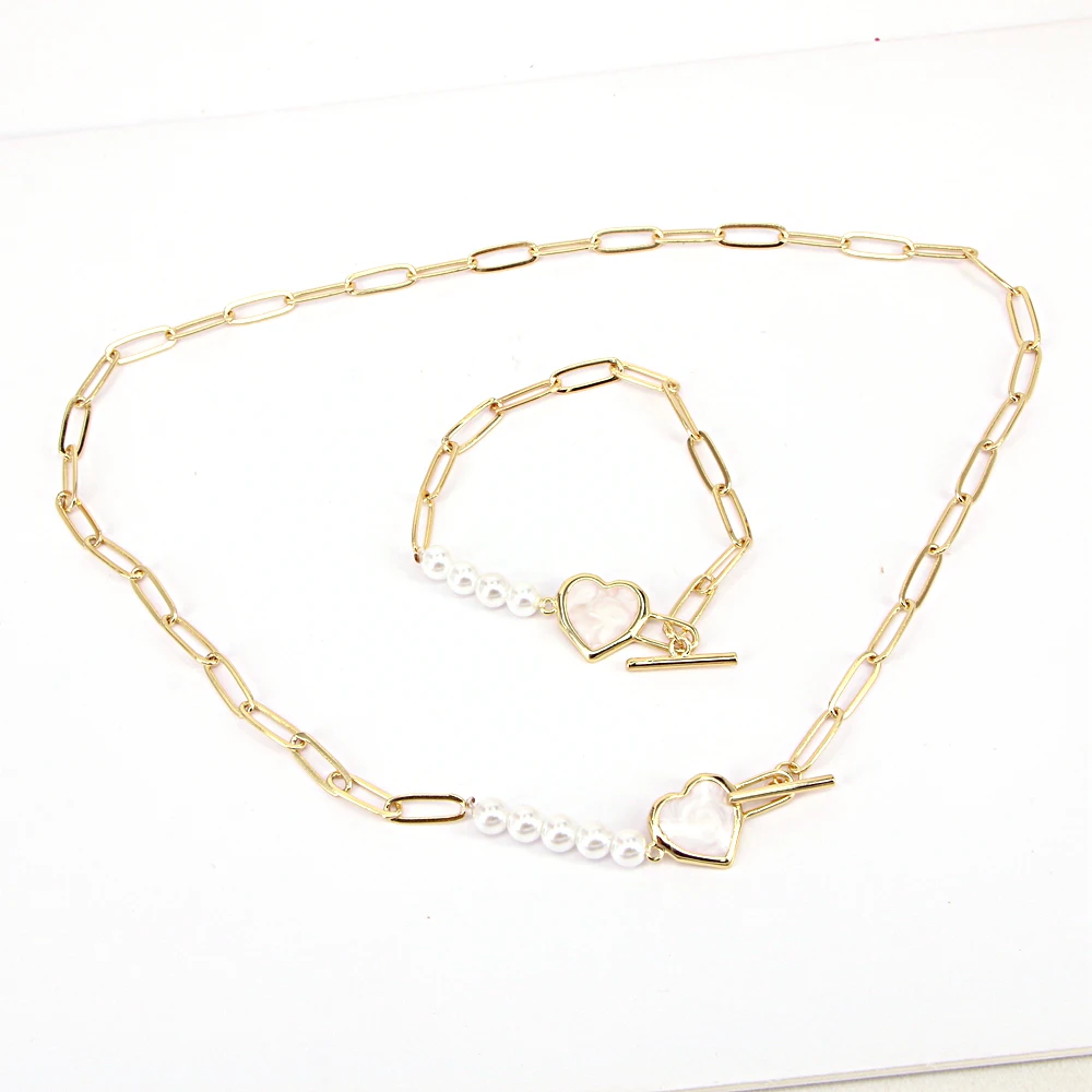 

5PCS, Women Vintage Geometric Necklace Heart buckle Freshwater Pearl Choker Ladies Paperclip Chain Bohemia Jewelry