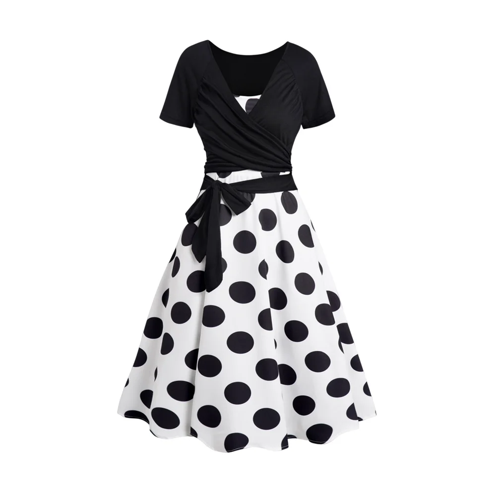 

Polka Dots Print Sleeveless A Line Midi Dress And Crossover Bowknot Tied Plain Cropped Top Set For Women Party Casual Clothing