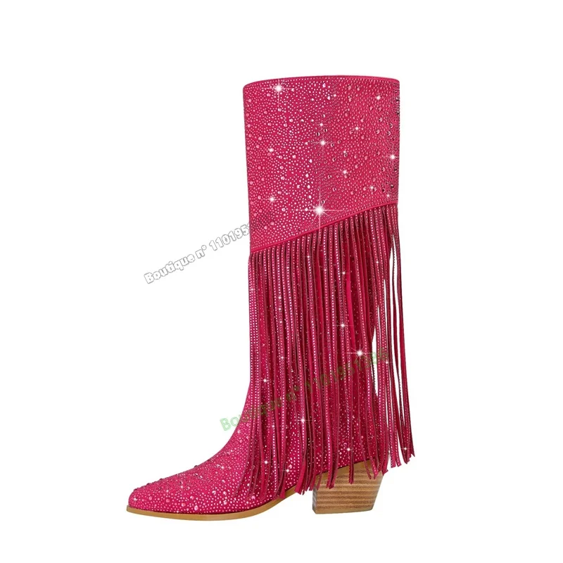 

Pink Crystal Studded Boots Fringe Decor Square Heel Shoes for Women Slip on Pointed Toe Shoes on Heels 2023 Zapatos Para Mujere