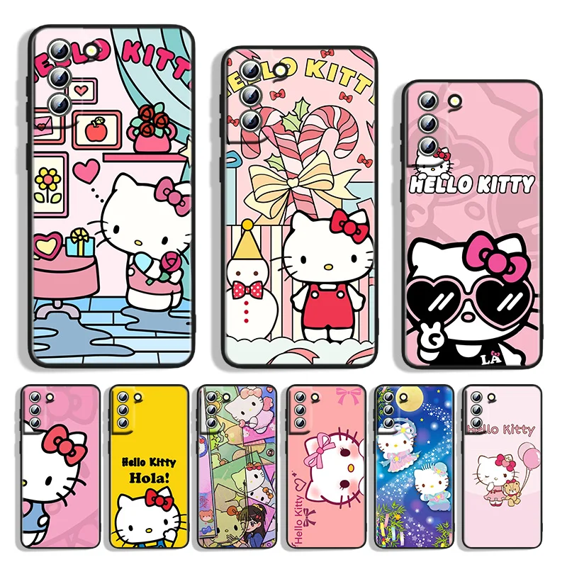

Silicone Cover Anime Hello Kitty For Samsung S22 S21 S20 FE Ultra S10e S10 S9 S8 S7 S6 Edge Plus Black Phone Case