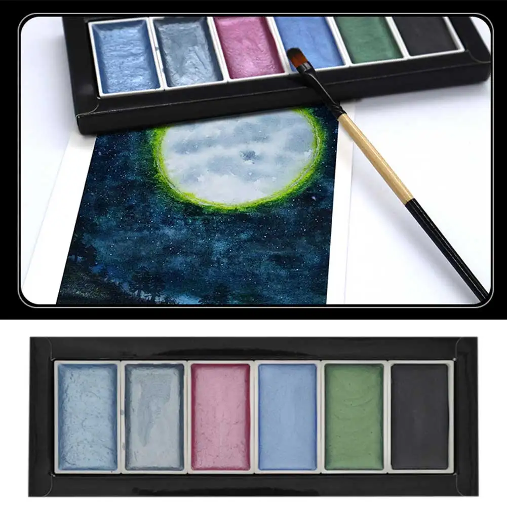 

6 Clors Children Solid Professional Semi Dry Glitter Watercolor Paint Set Shimmery Portable Hobbyists Artists Students