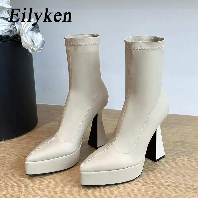 

Eilyken/удобные эластичные однотонные носки на платформе; Женские ботильоны; Модная женская обувь с острым носком на высоком квадратном каблуке; Сезон весна-осень