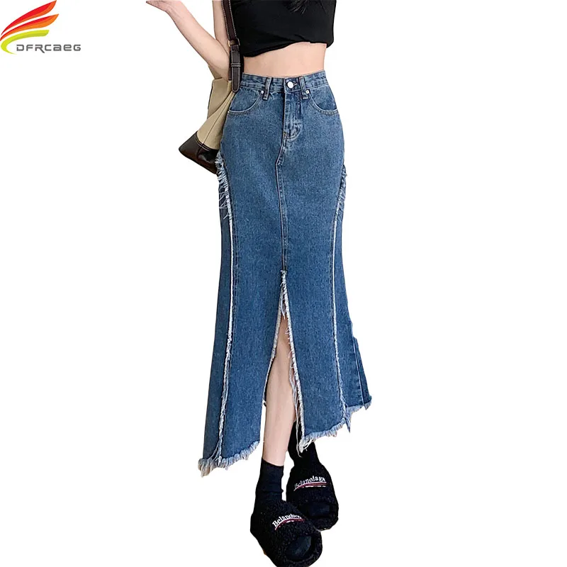 

DFRCAEG 2022 Summer Denim Mermaid Skirt Women Front Split Side Burrs Long Jeans Skirts Korean Fashion Blue Jupe Jean Femme