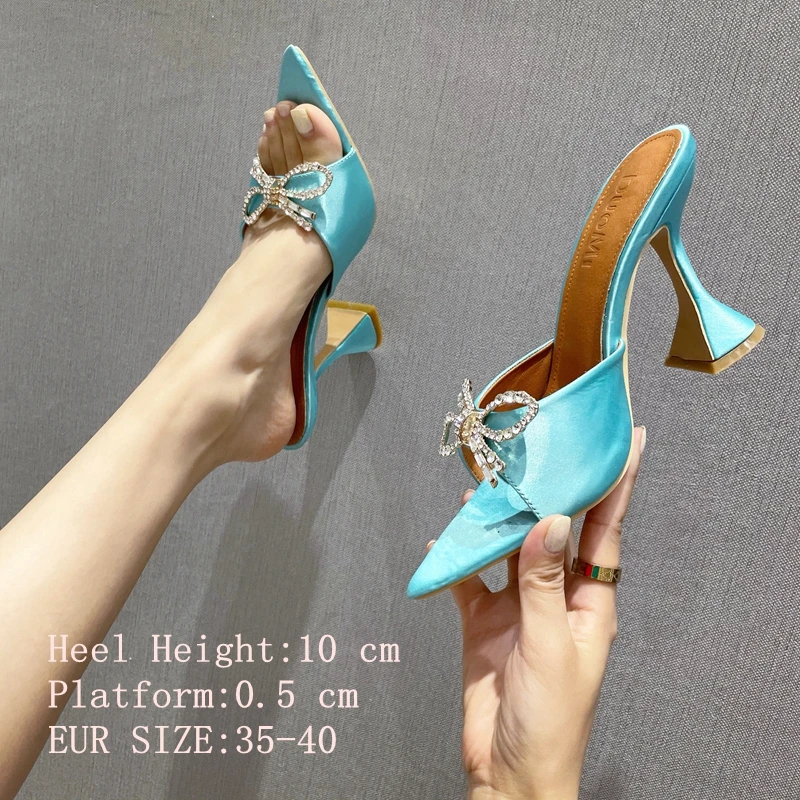 

High-quality real silk Upper Slippers Sexy Pointed Exposed Toe Sandals Slides High Heels Party Shoes Woman Pumps Big Size 40