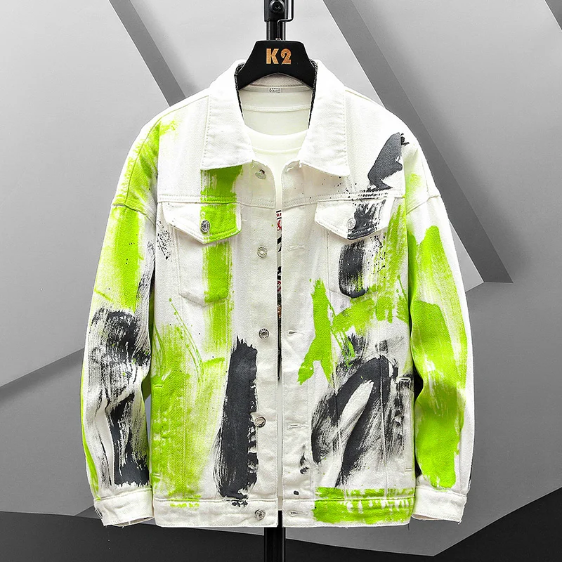 

2022 New Hip Hop Fashion Printed Jeans Jacket Men Cotton Casual Streetwear Short Style Loose Denim Jacket Coat Men Spring Jacket