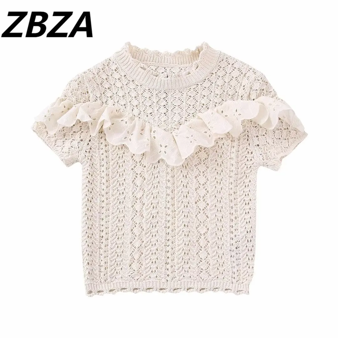 

ZBZA Women 2023 New Fashion falbala knitting Tops Vintage O neck short sleeves Female Camis Chic Tops