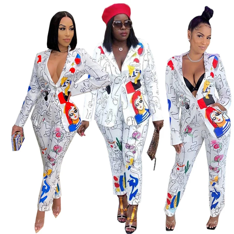 

Two Piece Blazer Suit Women Office Sets 2022 White printing Solid Lady Casual Blazers Set Long Sleeve Cardigan Blazer