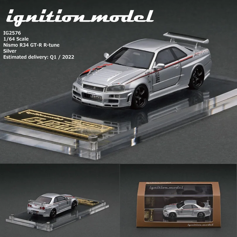 

Ignition IG 1:64 Nissan NISMO R34 GTR R-tune Silver Crystal Base Resin Diorama Car Model Collection Miniature Carros Toys