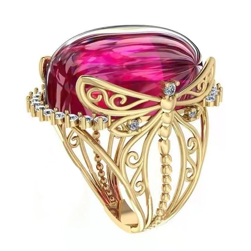 

Creative Gold Color Hollow Out Dragonfly with Big Red Crystal Finger Ring Inlaid Micro Paved Tiny Rhinestone for Women Jewelry