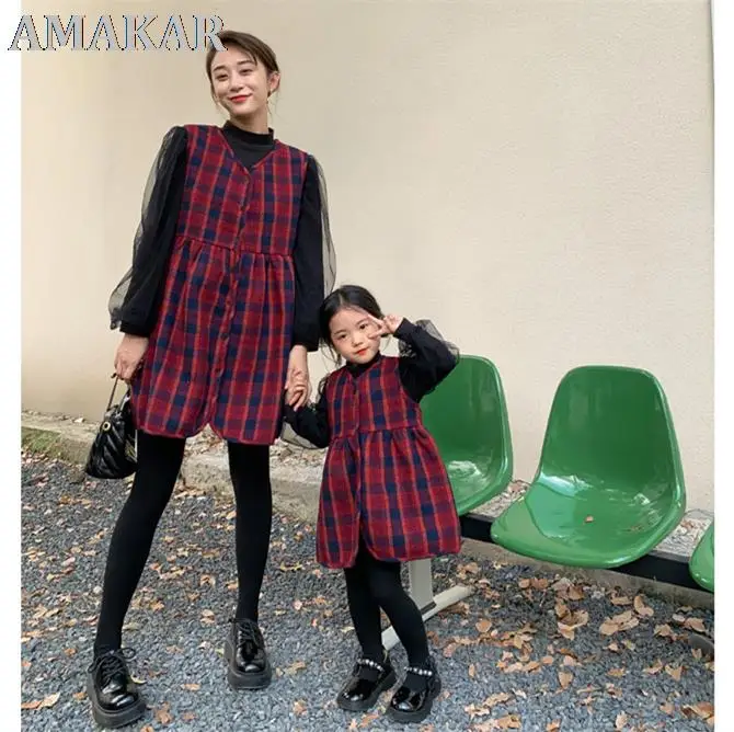 

Mother Daughter Red Plaid Dress 2022 Christmas Parent And Child Matching Clothes Autumn/Winter Mam And Girl Clothing Kids Outfit