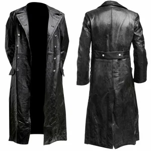 Imported MEN'S GERMAN CLASSIC WW2 MILITARY UNIFORM OFFICER BLACK REAL LEATHER TRENCH COAT