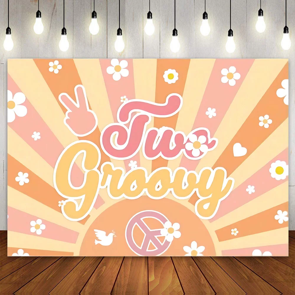 Two Groovy Party Banner Hippie Boho Backdrop Daisy Flower Photography Background for Kids Girls Baby Shower 2nd Birthday Decor