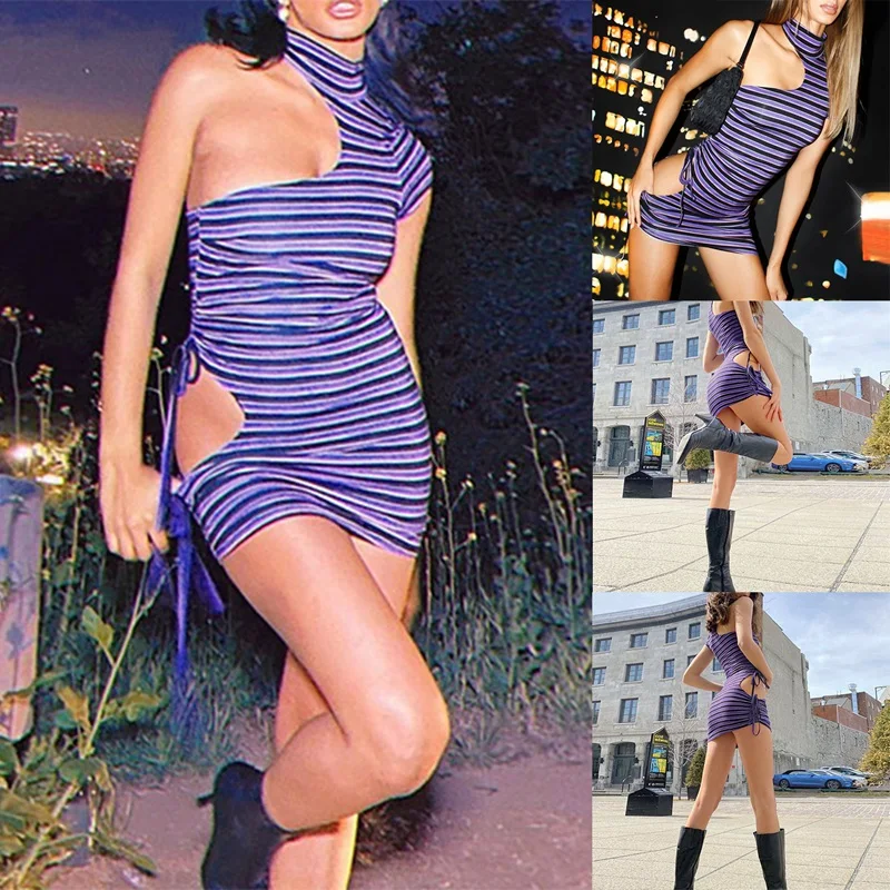 

Fashion Summer Elegant One Shoulder Dress Women Purple Stripes Evening Sexy Club Party Casual Mini Dress