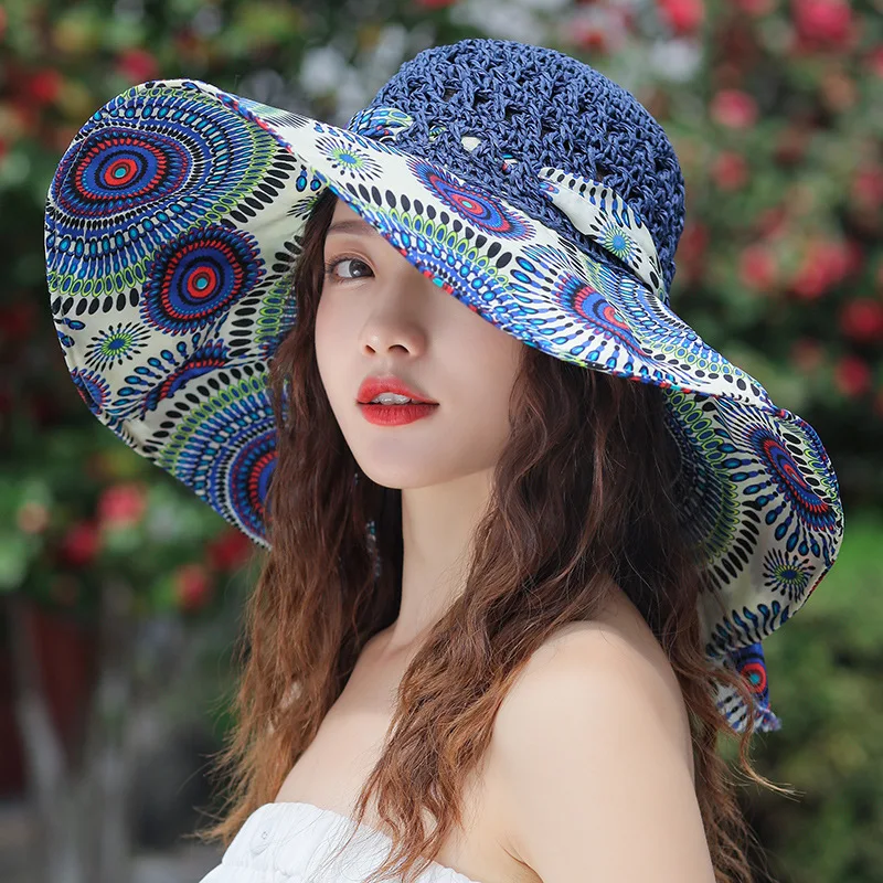 

Women's Summer Bucket Hat Folding Straw Wide Brim Cap Panamas UV Protection Bule Sun Visor Tide Seaside Beach Hat