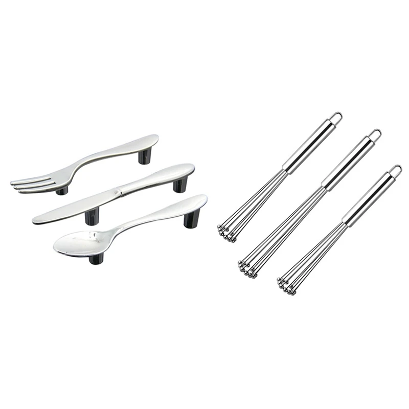 

3 Pcs Silver Kitchen Cabinet Drawer Pull Handles Knobs (Knife Fork Spoon) & 3X Ball Whisk Ball Whisk Wire Egg Whisk