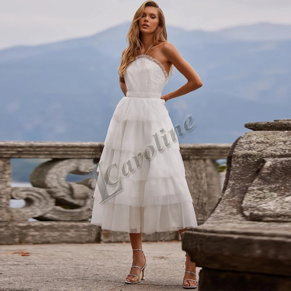 

Caroline Simple White Sleeveless Tulle Backless Tiered Evening Party Prom For Women A-Line Mid-Calf Custom Made Robes De Soirée