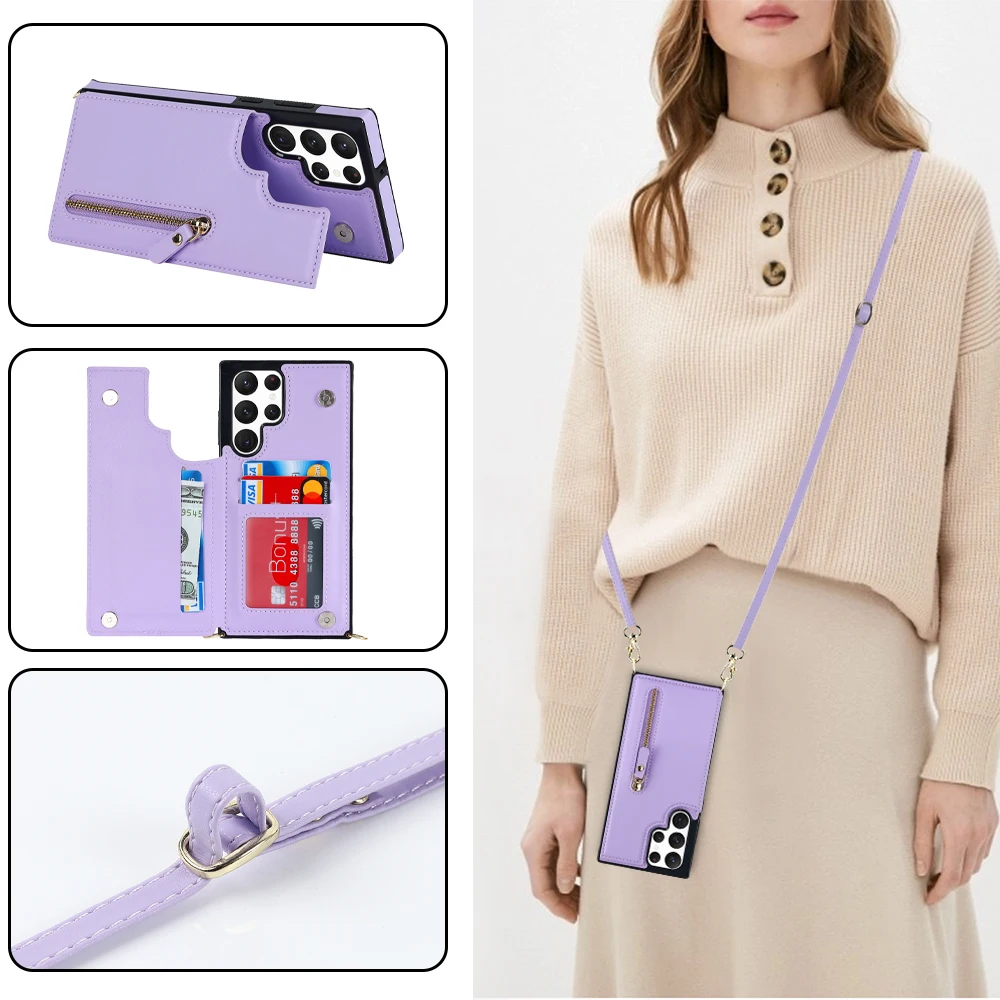 

for Samsung S22 Ultra S20 FE S10 S9 Note 20 10 Plus 9 Case Crossbody Shoulder Strap Credit Card Phone Holder Zipper Wallet Cover