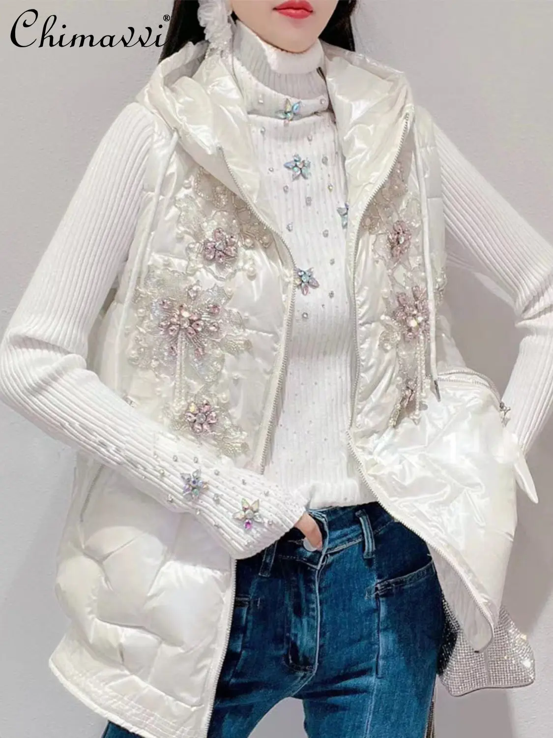 Women's Fashion Vest Coat Winter New Korean Style Sweet Heavy Rhinestone 3D Flower Loose Slimming Warm Vest Cotton-Padded Jacket