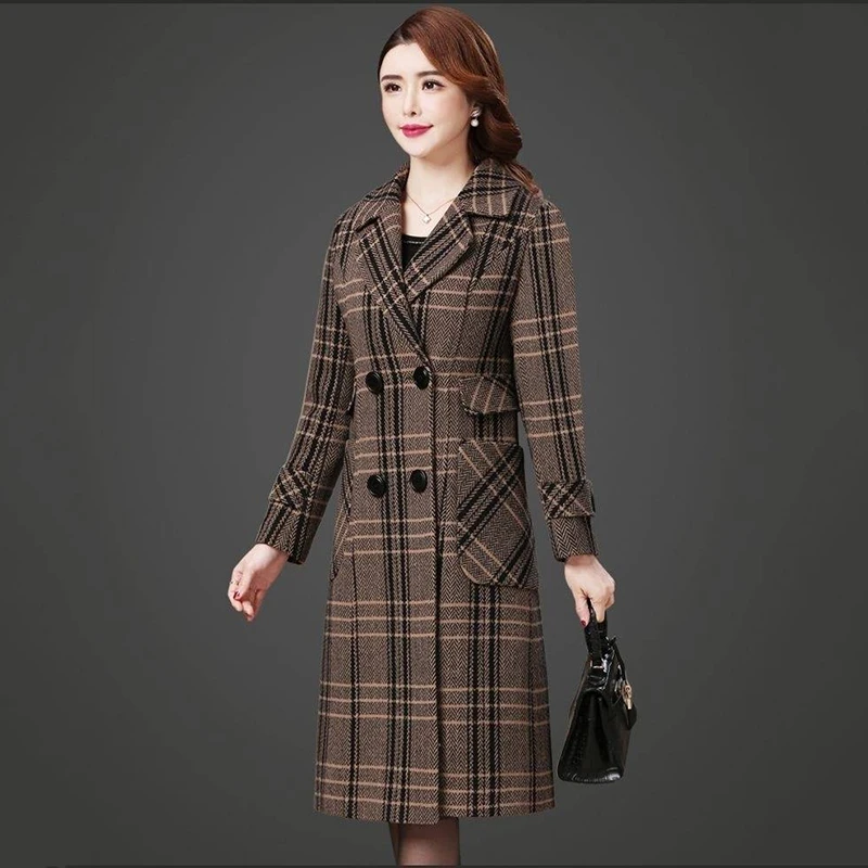 

Клетчатая Длинная шерстяная ветровка, Женское пальто на осень и зиму, новое корейское свободное шикарное двубортное шерстяное пальто, женская верхняя одежда