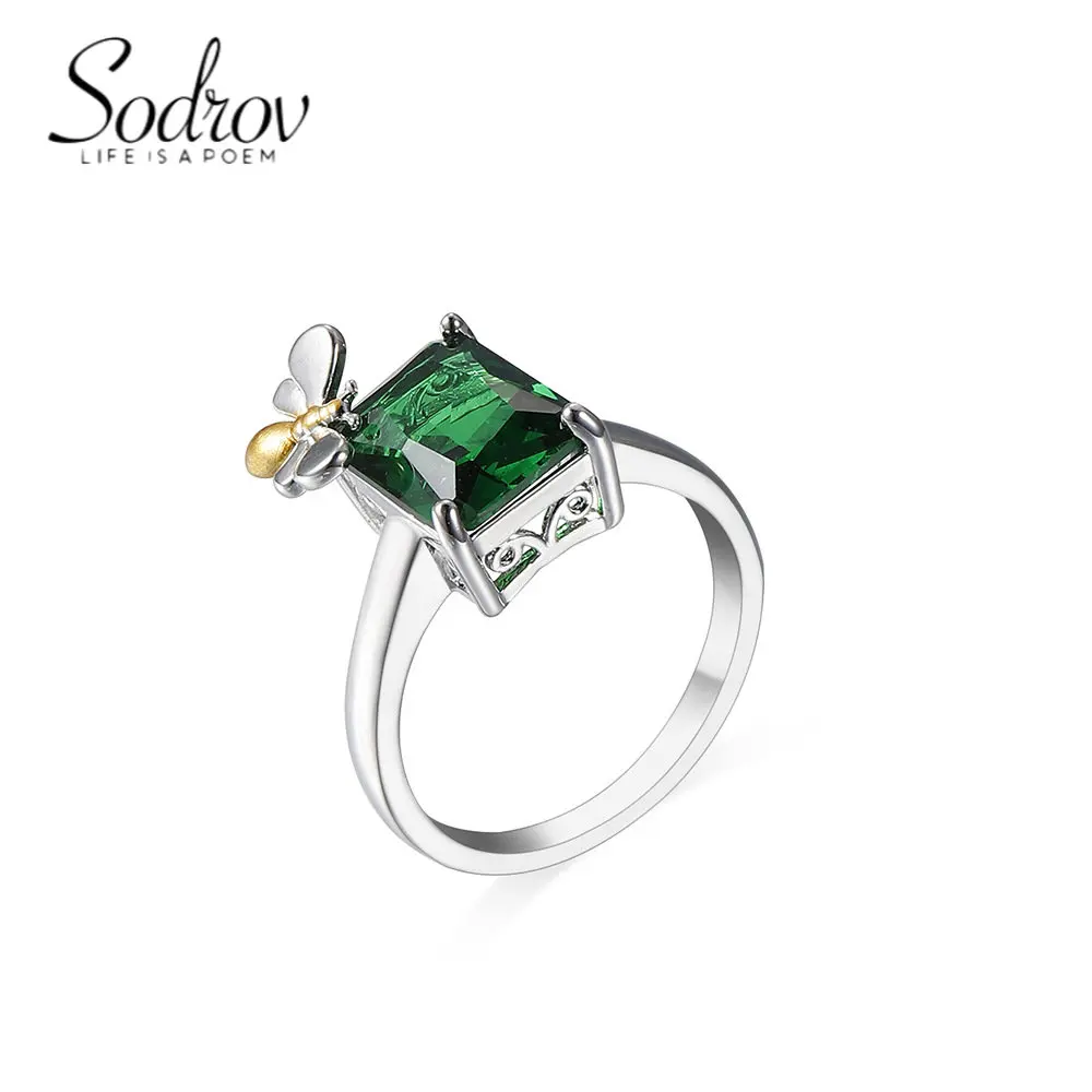 

SODROV Fashion Silver Color Bee Design Green Zircon Ring Jewelry for Women Womens Wedding Gift