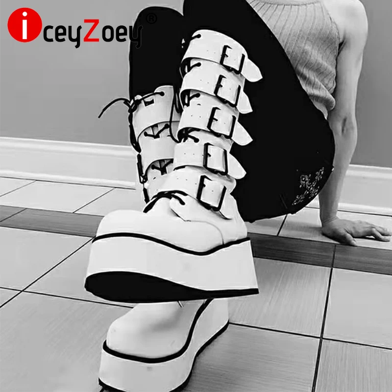 

IceyZoey Size 35-43 Women Boots Platform Thick Bottom Belt Decoration 2022 New Arrival Winter Shoes Ins Fashion Footwear