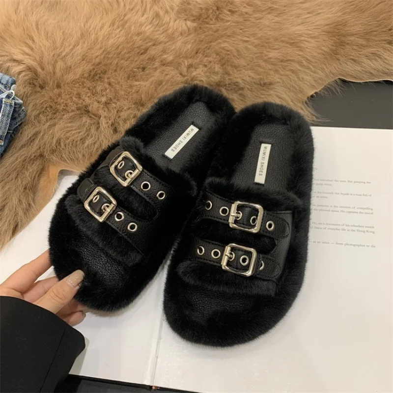 Personality Metal Slippers Winter Women Fur Keep Warm Bedroom Cotton Shoes 2022 New Flat Shoes Indoor Casual Ladies Fur Slides