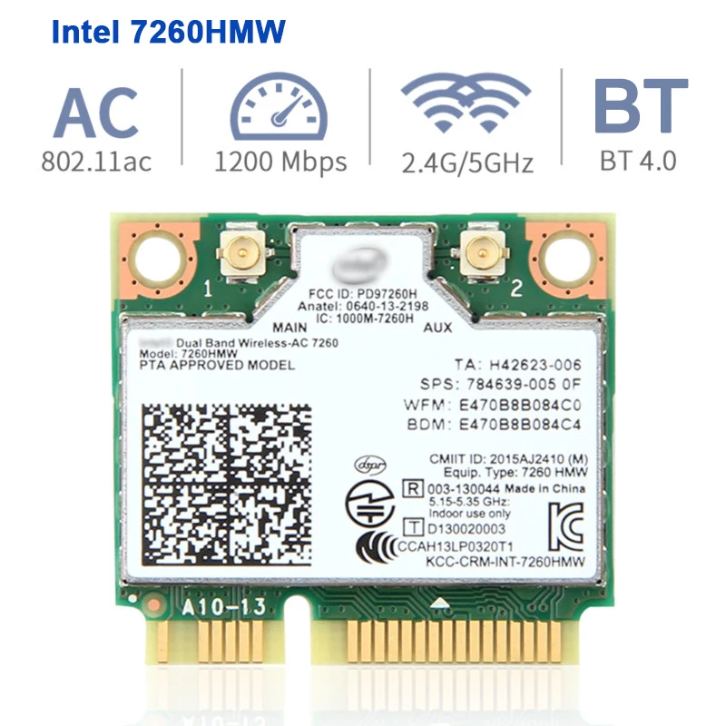 

Intel 7260 WiFi Bluetooth Adapter BT Transmitter Dual Function 7260HMW Mini PCI-E Wi Fi Card 2.4G 5G 802.11ac Wi-Fi Antenna