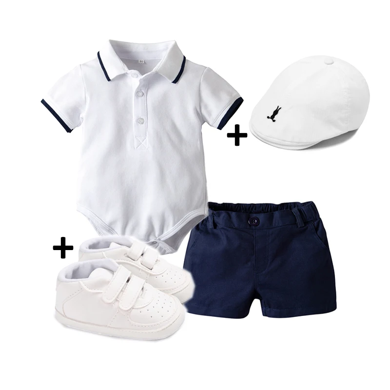 4pcs Set Baby Clothes Boy Polo Romper Suit  with White  Shoes Baseball Cap Boys Sport Outfit Gentleman wedding