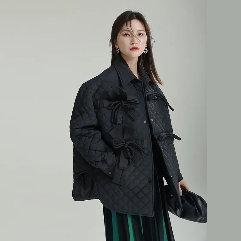 Black Rhombus Cotton Jacket Female Winter 2022 Retro Bow Coiled Buckle Loose Medium-Length Section Silhouette Jacket