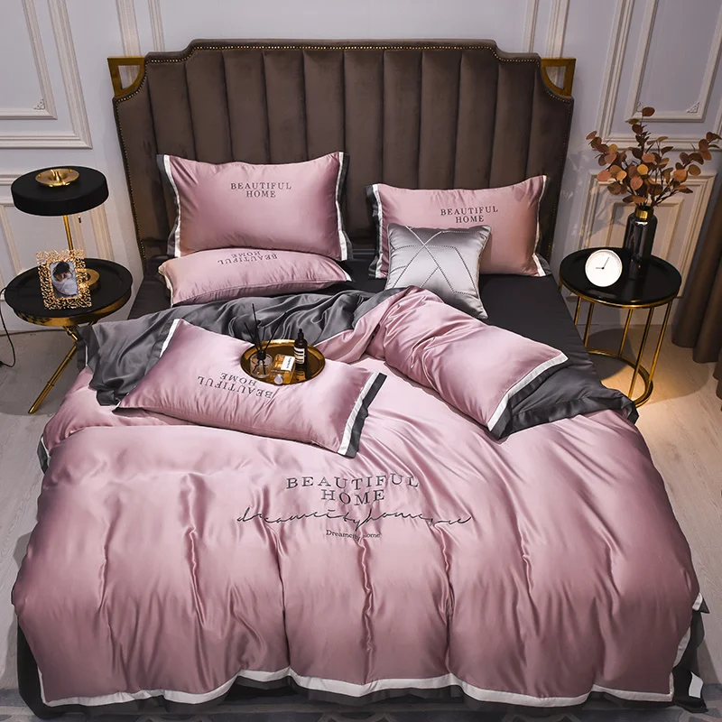 

Luxury Silky Bedding Set Soft Double-Sided Home Textile Embroidery Sheet Quilt Pillowcase Grey White Bedding 4Pcs King Queen