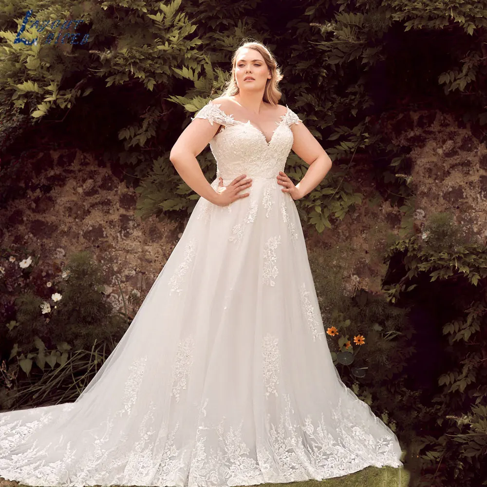 

LAYOUT NICEB Simple Plus Size V Neck Bride Dresses 2024 Elegant Appliques Back Lace Up Wedding Gowns Tulle A-Line Robe De Mariée